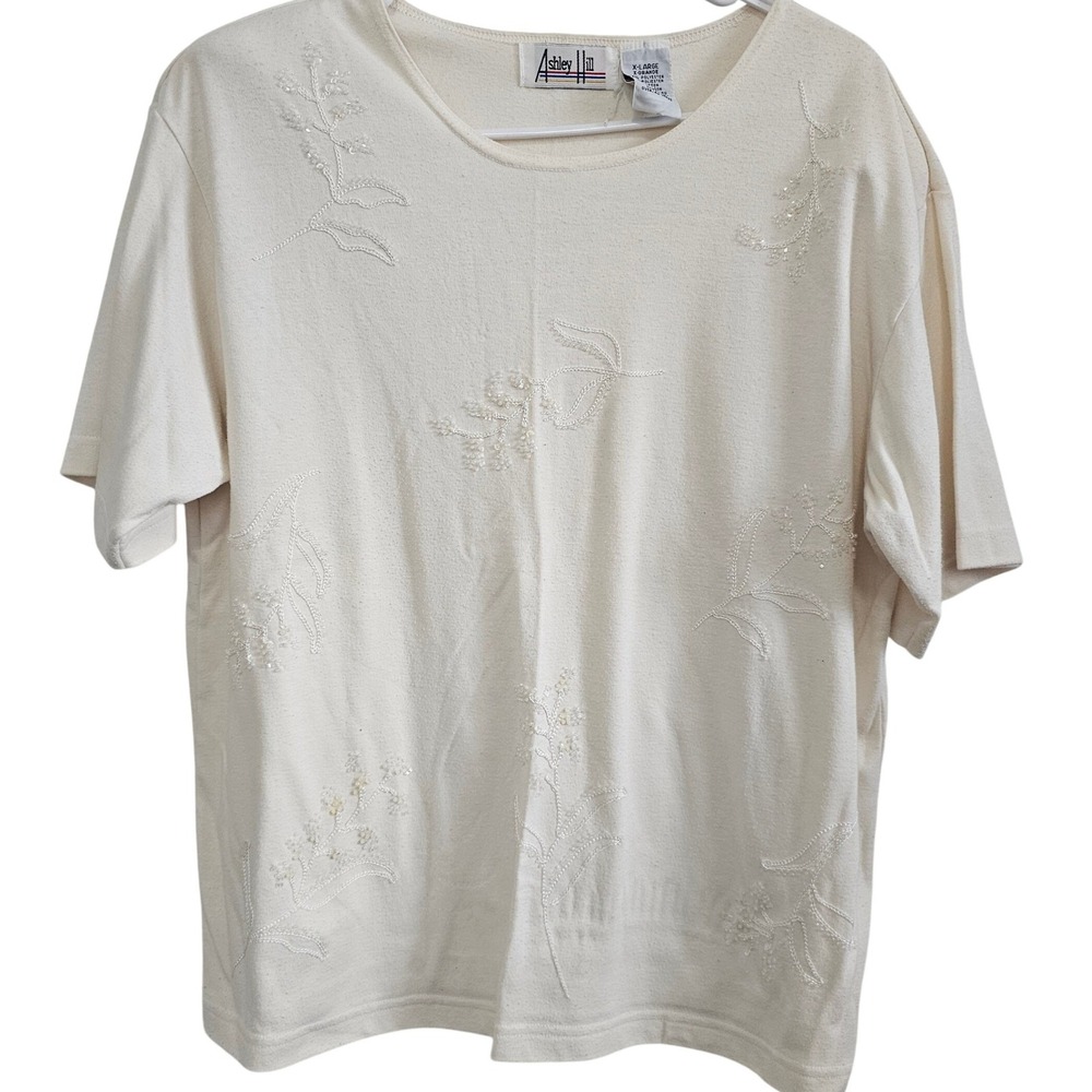 Ashley Hill Vintage Cream Embroidered Beaded Floral Short Sleeve‎ Knit Top XL